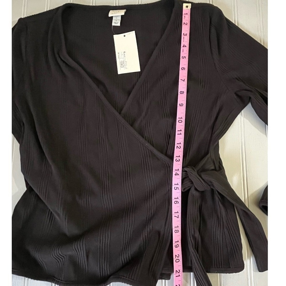 a new day V Neck Wrap Front Tie Top Womens Large Black Stretchy Ribbed New - Picture 8 of 8